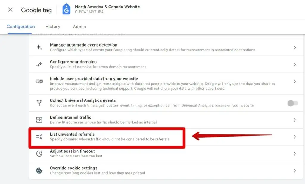 Selecting the list of unwanted referrals