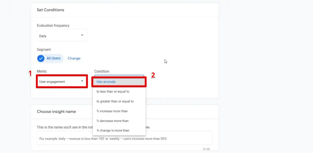 Setting the metric and condition of the custom insight