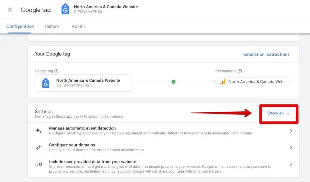Showing all the tag settings