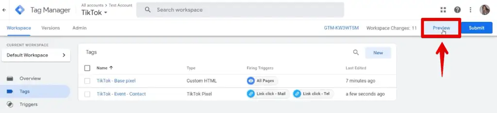 Testing the event tag by previewing the changes to the container