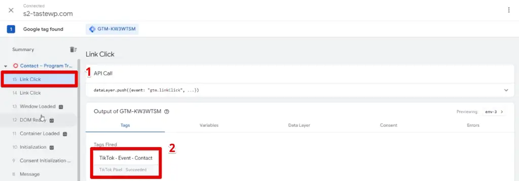 The TikTok event tag fired due to the email address link click trigger