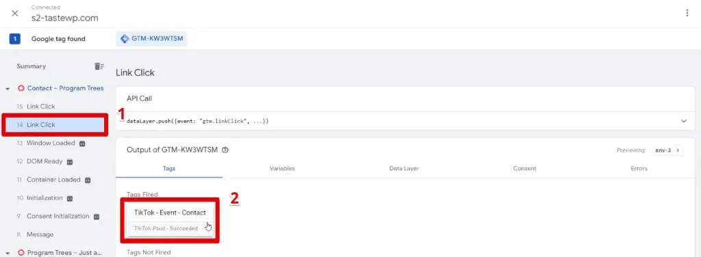 The TikTok event tag fired due to the phone link click trigger