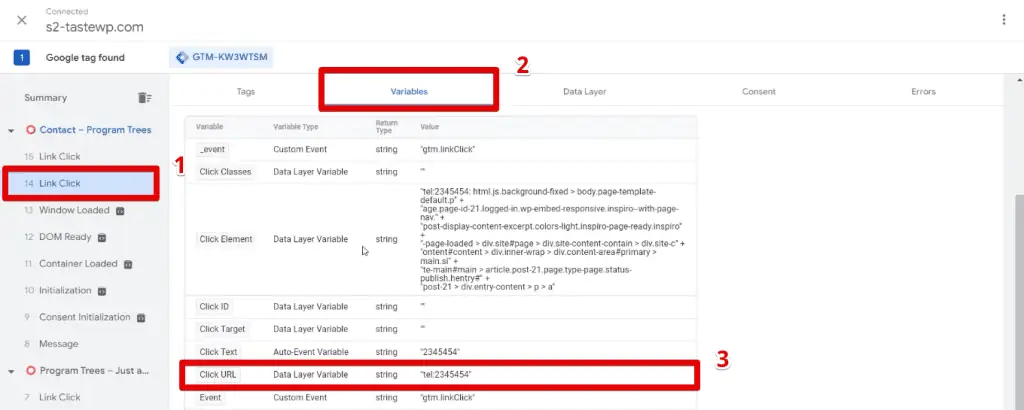 The click URL variable for the phone number link click