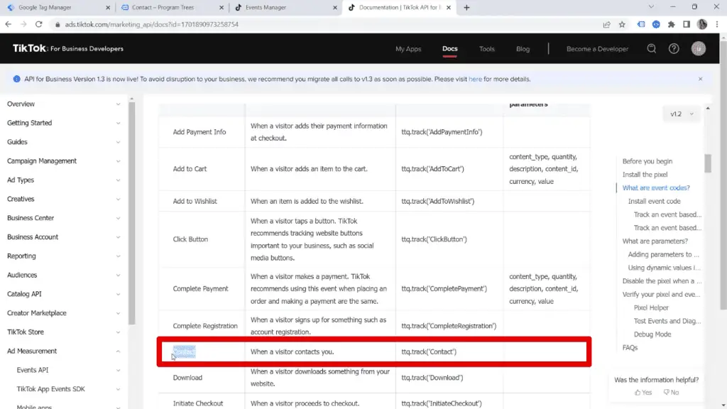The contact event type in the Tiktok documentation