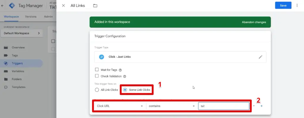 Trigger configuration for the telephone link clicks