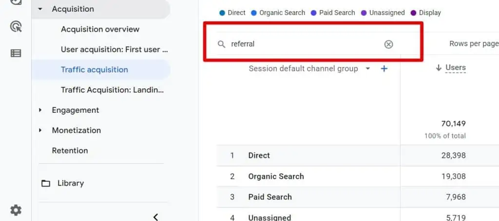 Typing referral in the traffic acquisition search bar