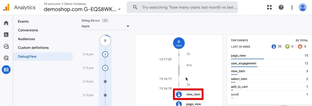 View_item event in GA4 DebugView