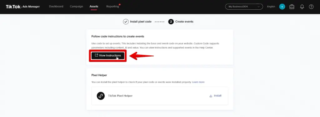 Viewing code instructions for creating events