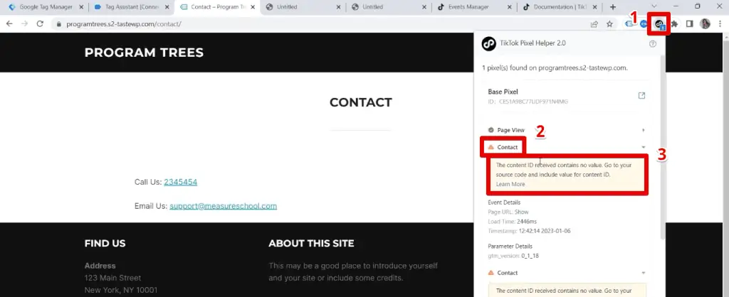 Warning message for the contact event