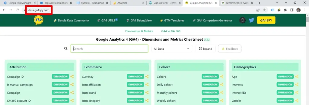 Accessing the dimensions and metrics cheatsheet