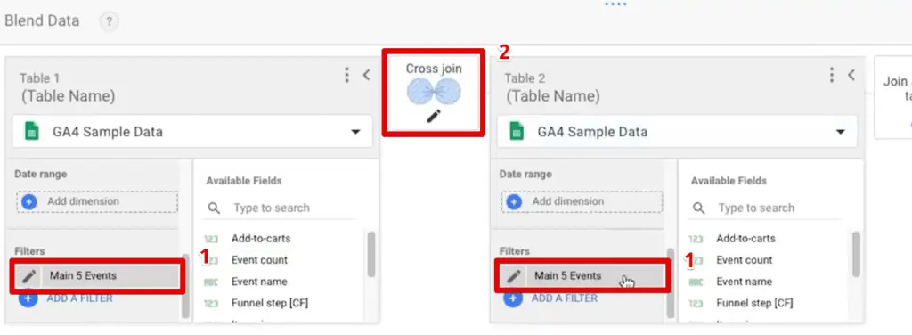 Applying the main 5 events filter and the cross-join operator