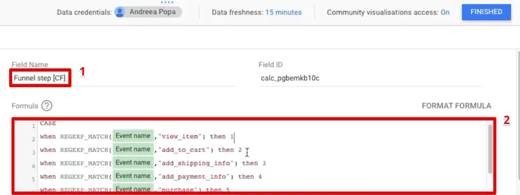 Calculated field configuration for the funnel step