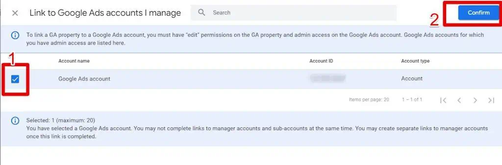 Choosing and confirming a Google Ads account