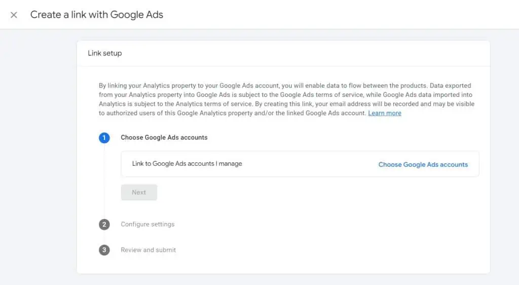 Clicking on choose Google Ads account