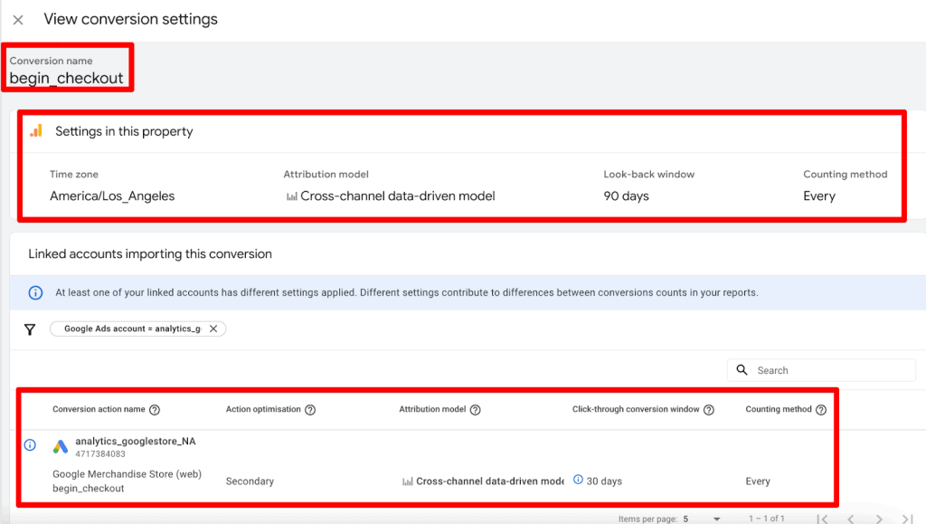 Conversion settings under the conversion differences report in GA4
