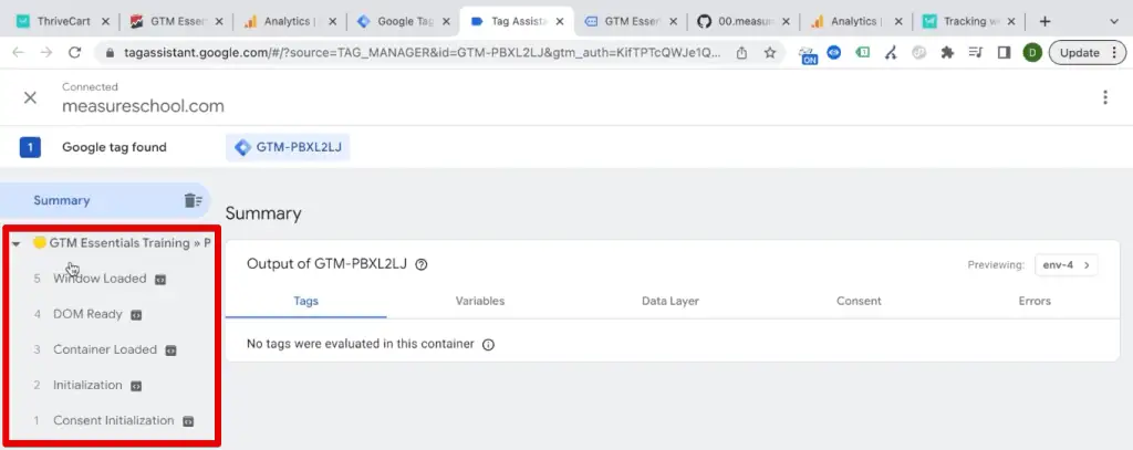 Events recorded by the Tag Assistant