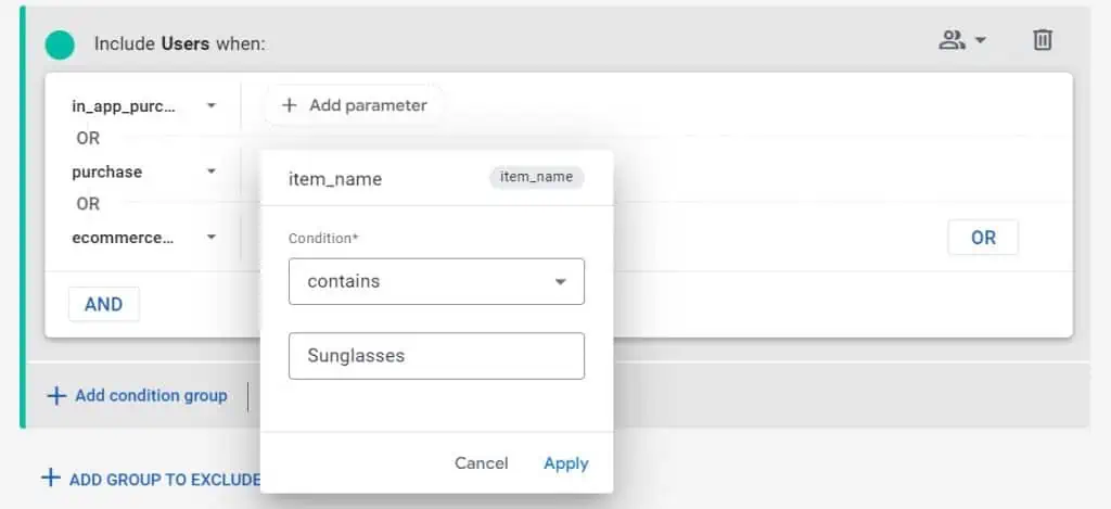 Example of a condition for the item_name parameter