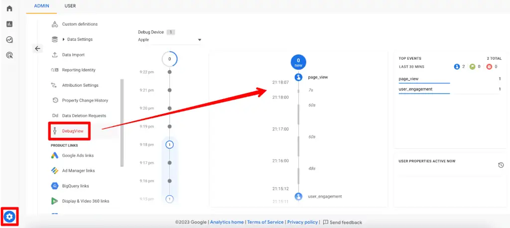 GA4 DebugView showing page view event