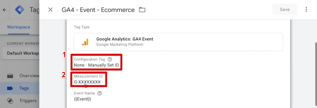 GA4 event tag configuration from the GTM container