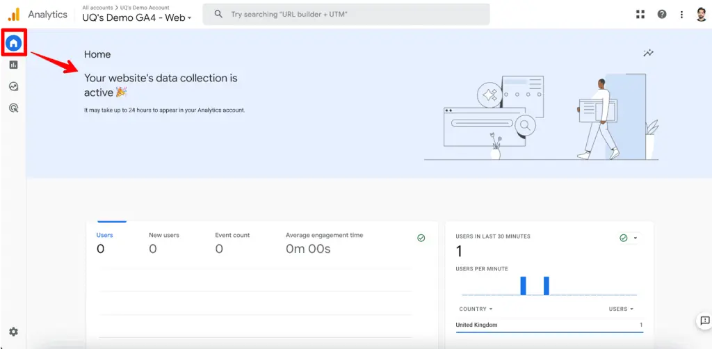 GA4 home showing data collection is active
