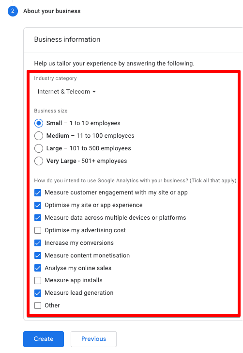 GA4 property setup interface with business information