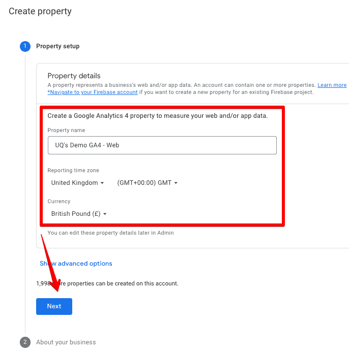GA4 property setup interface