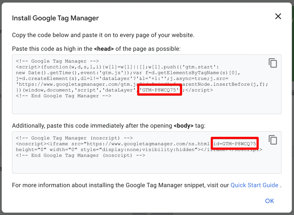 GTM code snippet to be installed on the website