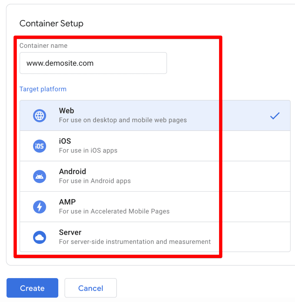 GTM container setup interface