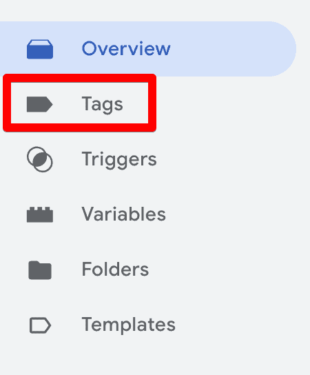 GTM interface showing Tags on the left side