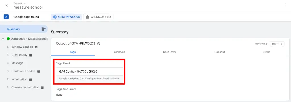 GTM preview mode showing GA4 tag firing