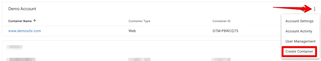 GTM screenshot of creating a container with an existing account