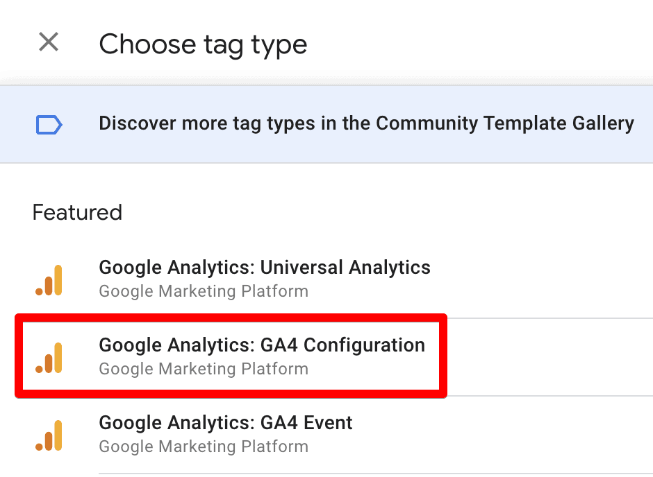 GTM’s tag type list showing GA4 configuration