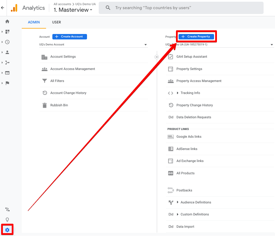 Google Analytics admin settings showing Create property button for GA4