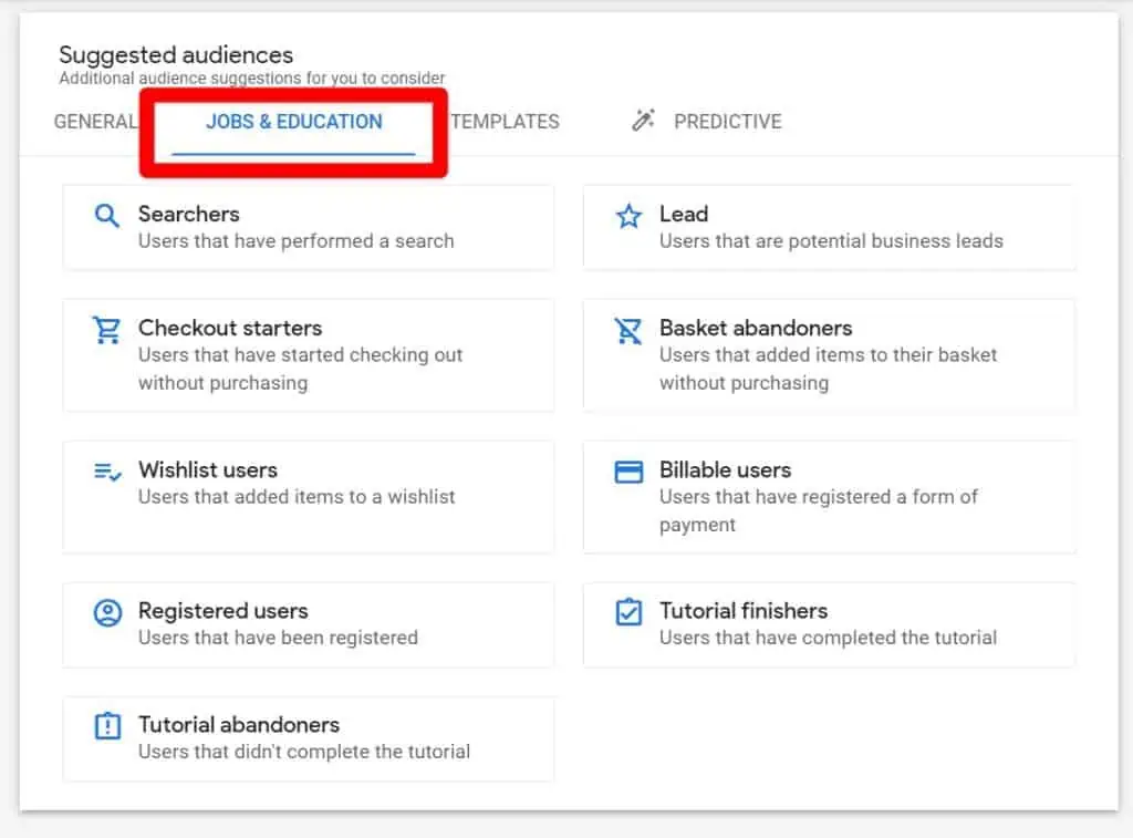 Industry category suggested audiences