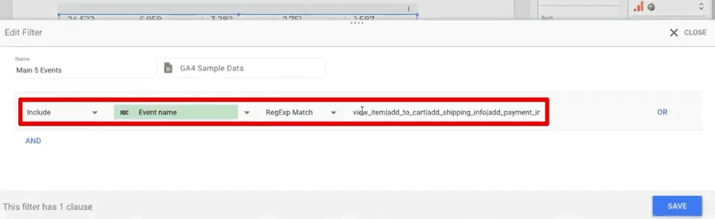 Main 5 events filter configuration