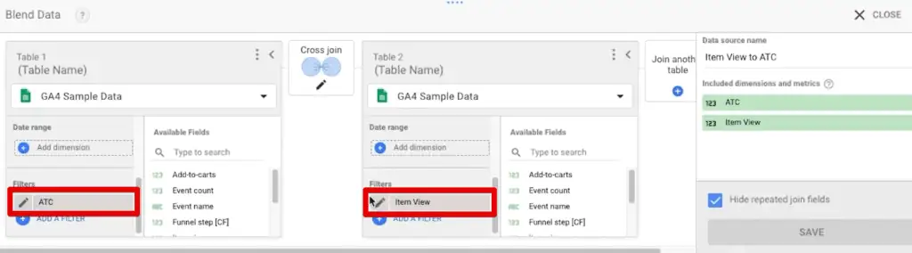 Respective filters for the add-to-cart and item view events