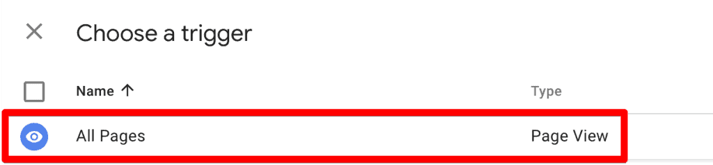 Screenshot of All pages trigger in GTM