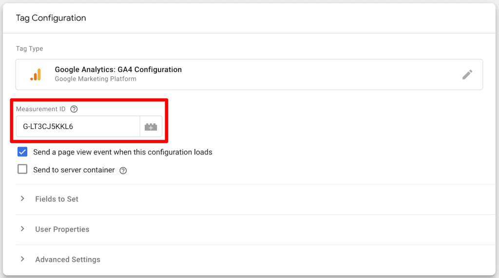 Screenshot of GA4 Configuration tag with measurement ID