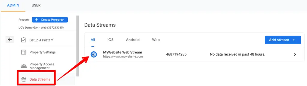 Screenshot of GA4 data streams showing all the data sources