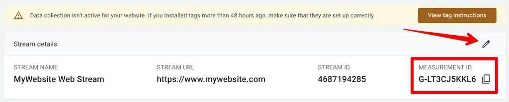 Screenshot of GA4 stream details with measurement ID