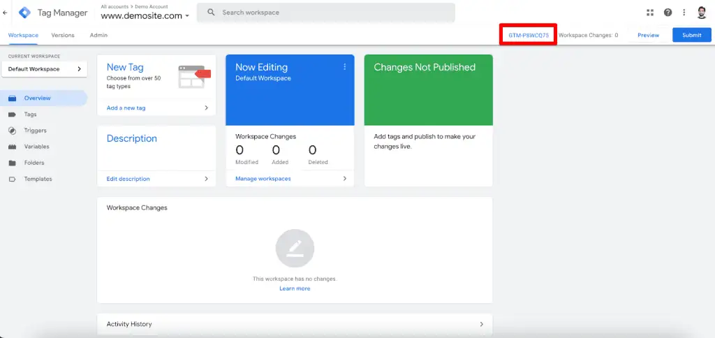 Screenshot of GTM default workspace