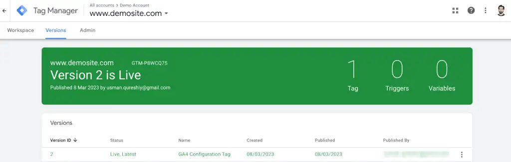 Screenshot of GTM live versions