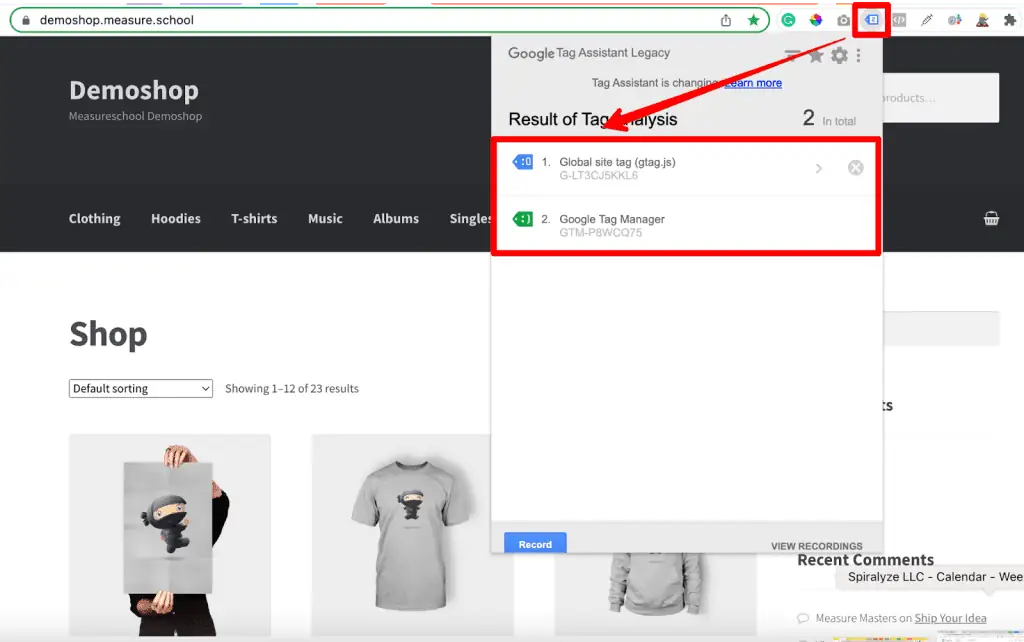 Screenshot of Google Tag Assistant extension showing GA4 tracking code