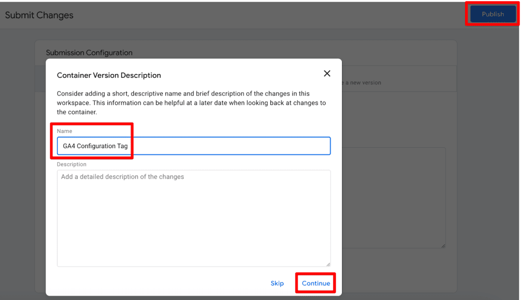 Screenshot of publishing GTM container
