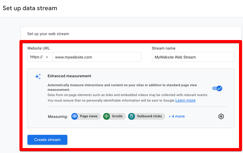 Screenshot of setting up web data stream in GA4