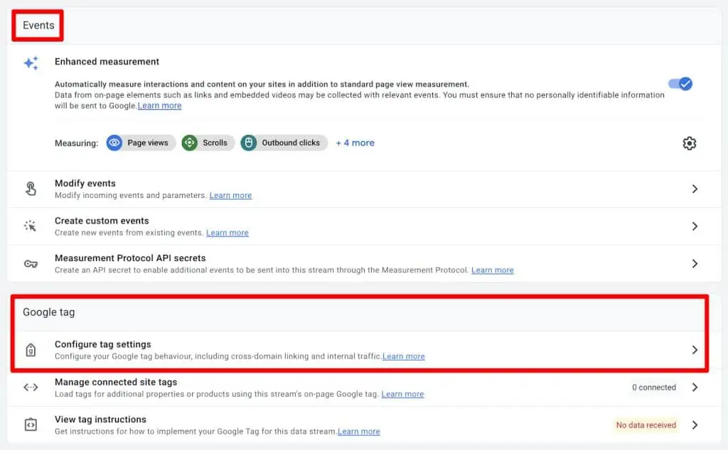 Screenshot of web stream details with Google tag settings