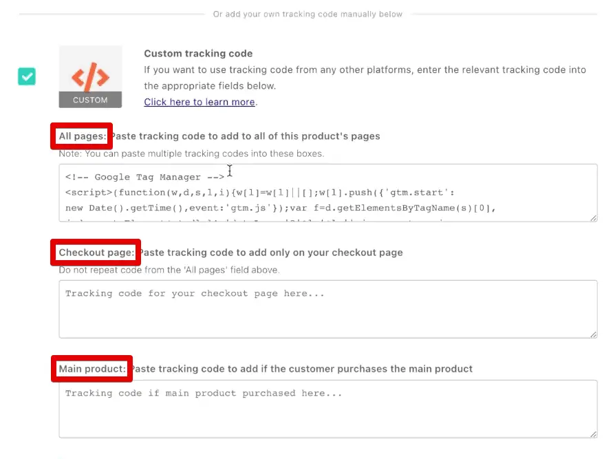 Sections to implement custom tracking
