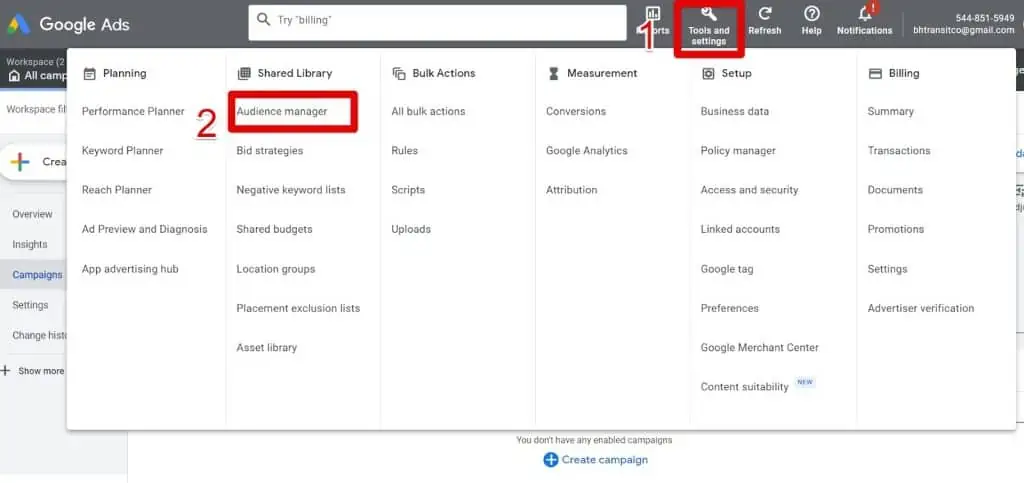 Selecting audience manager in the Google Ads account menu