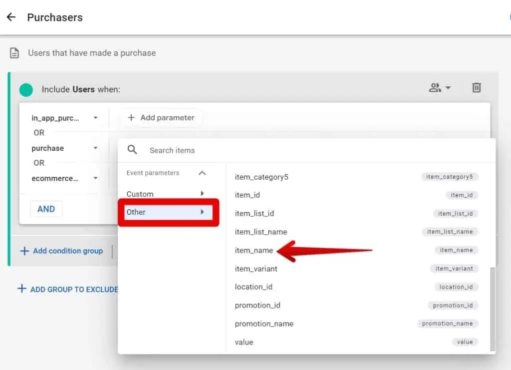 Selecting the item name parameter