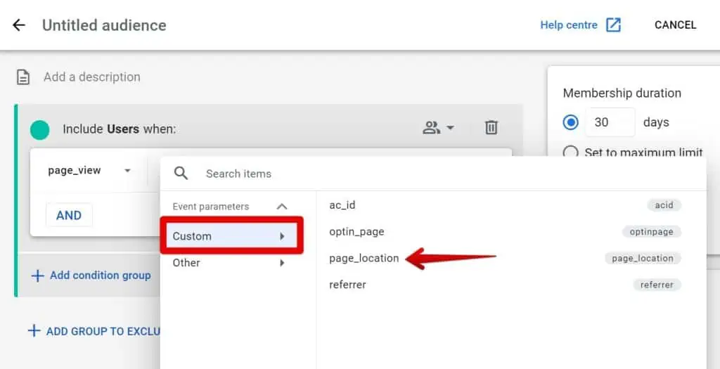 Selecting the page location parameters
